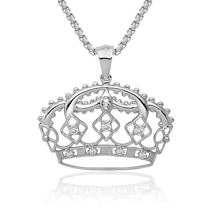 14K Solid White Gold Lab Diamond Royal Princess Crown Necklace Chain Pendant Charm