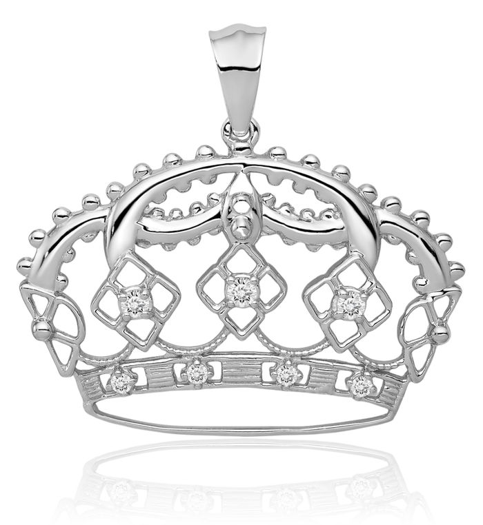 14K Solid White Gold Lab Diamond Royal Princess Crown Necklace Chain Pendant Charm