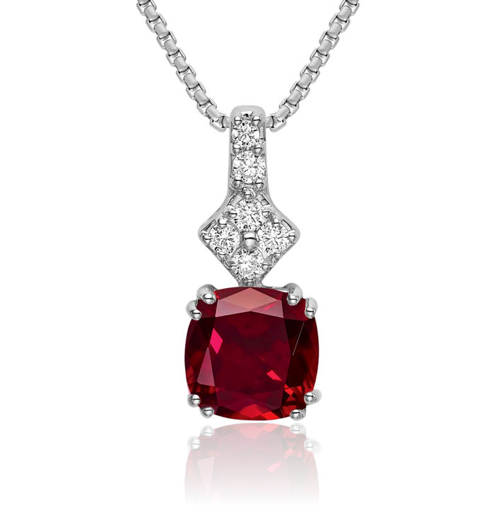 14K Solid White Gold Lab Diamond Red Ruby Necklace Gemstone Pendant Charm July Birthstone Jewelry