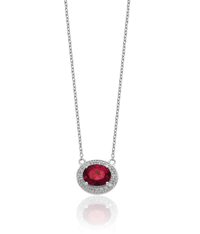 14K Solid White Gold Lab Diamond Red Ruby Necklace