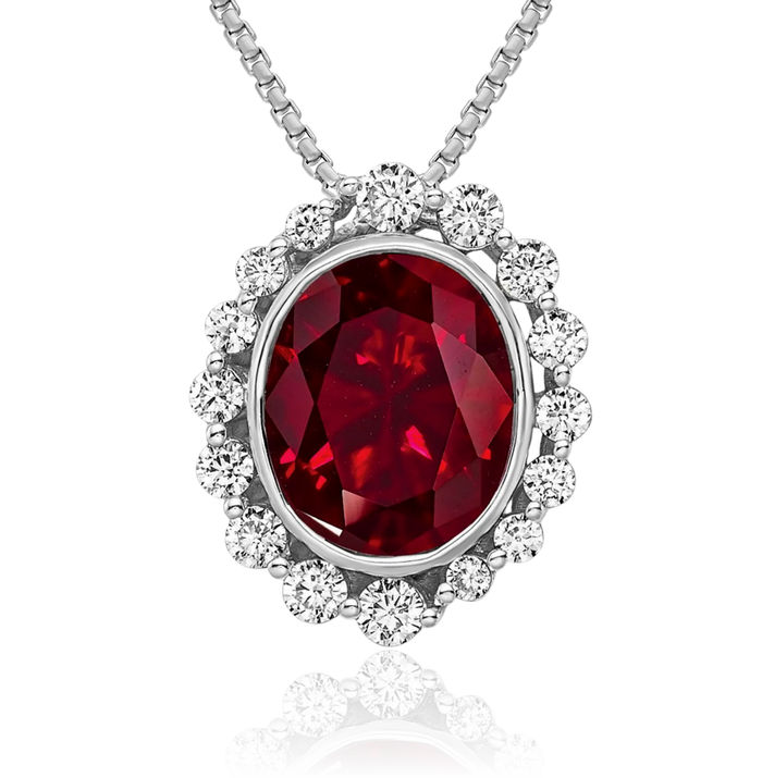 14K Solid White Gold Lab Diamond Red Ruby Oval Necklace Gemstone Pendant Charm