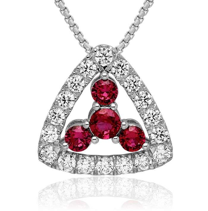 14K Solid White Gold Lab Diamond Red Ruby Triangle Necklace Gemstone Pendant Charm