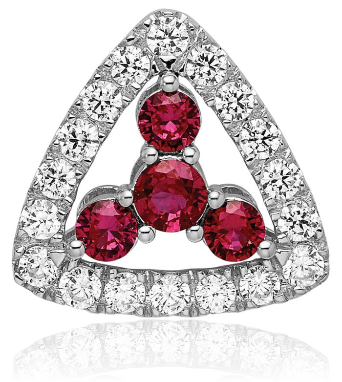 14K Solid White Gold Lab Diamond Red Ruby Triangle Necklace Gemstone Pendant Charm