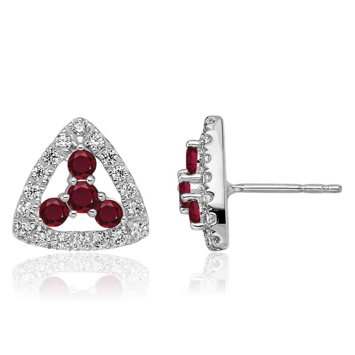 14K Solid White Gold Lab Diamond Red Ruby Triangle Studs Gemstone Earrings July Birthstone Jewelry