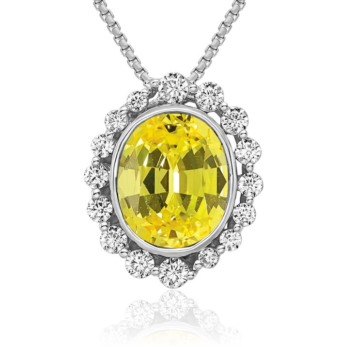 14K Solid White Gold Lab Diamond Yellow Sapphire Oval Necklace Gemstone Pendant Charm