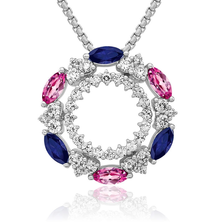 14K Solid White Gold Lab Diamond Pink Blue Sapphire Pe Necklace Gemstone Pendant Charm