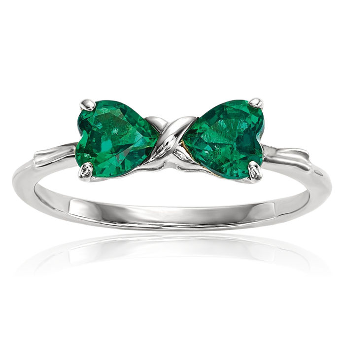 14K Solid White Gold Lab Green Emerald Bow Heart Ring Love Band May Birthstone Jewelry