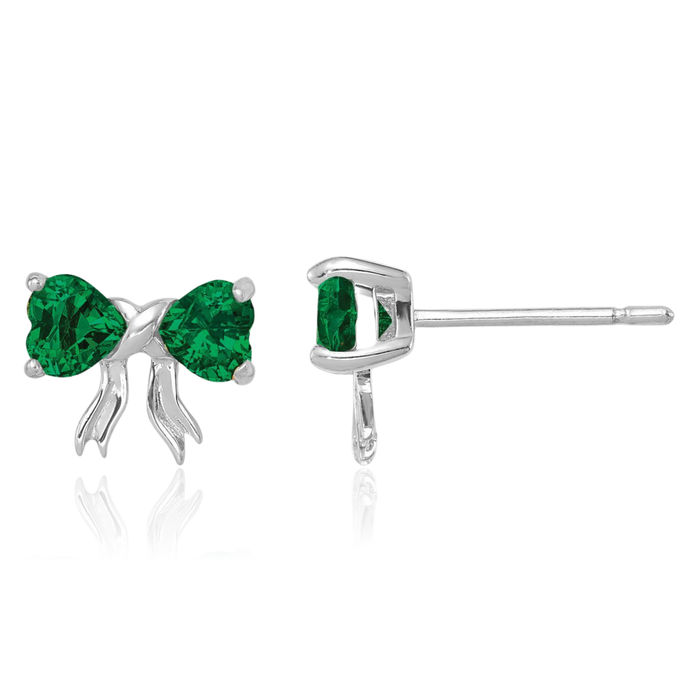 14K Solid White Gold Lab Green Emerald Bow Heart Stud Earrings May Birthstone Jewelry