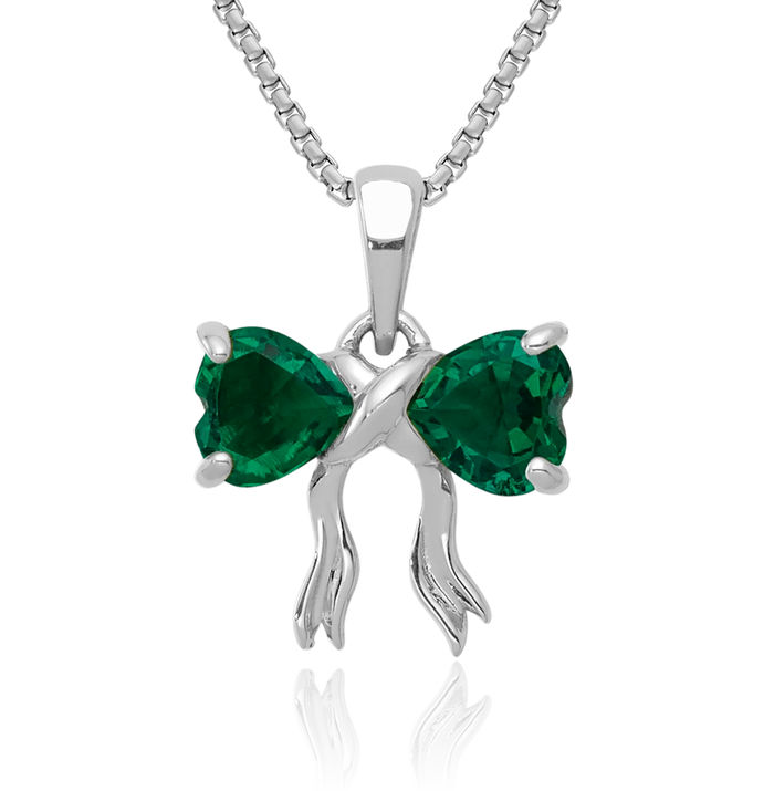 14K Solid White Gold Lab Green Emerald Bow Necklace Heart Gemstone Pendant Charm May Birthstone Jewelry