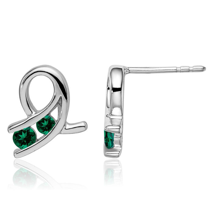 14K Solid White Gold Lab Green Emerald Drop Dangle Earrings