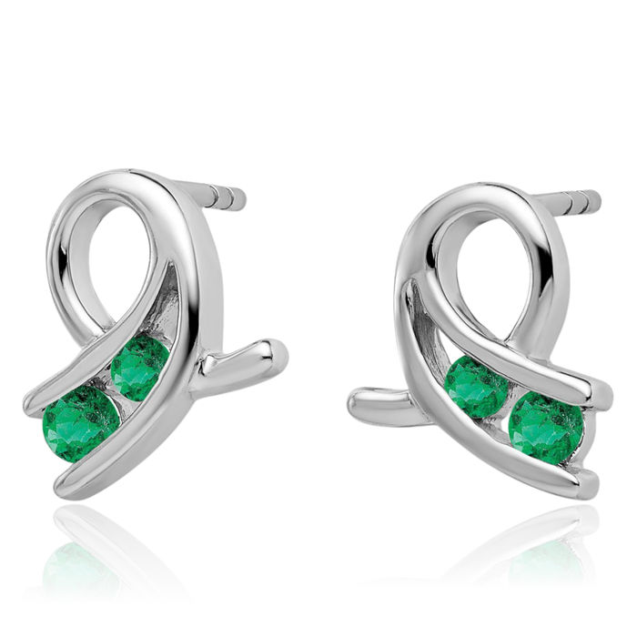 14K Solid White Gold Lab Green Emerald Drop Dangle Earrings