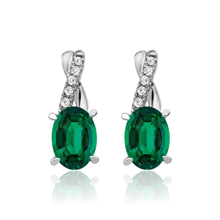 14K Solid White Gold Lab Green Emerald Diamond Drop Dangle Earrings Gemstone Post Push Back