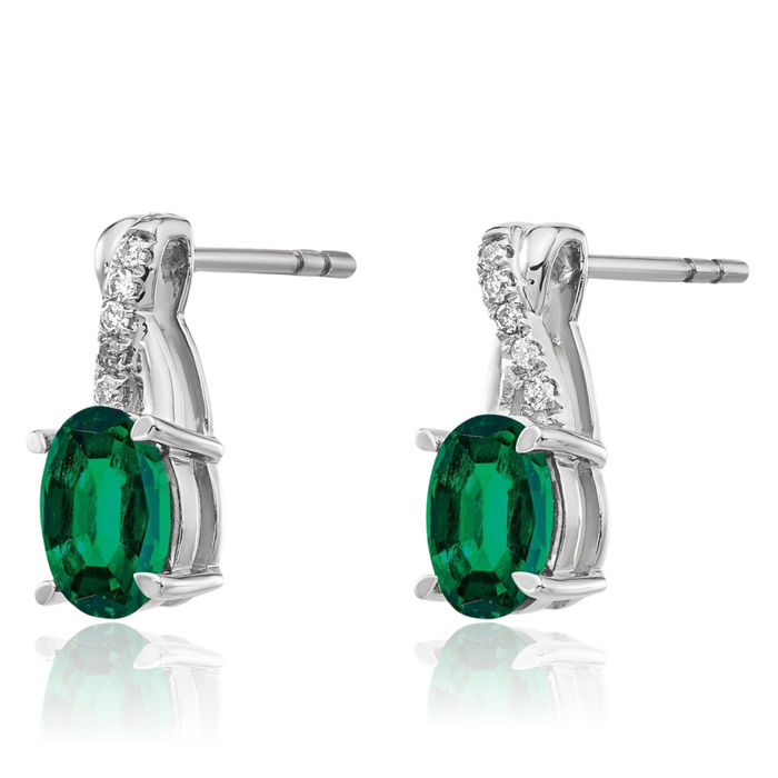 14K Solid White Gold Lab Green Emerald Diamond Drop Dangle Earrings Gemstone Post Push Back