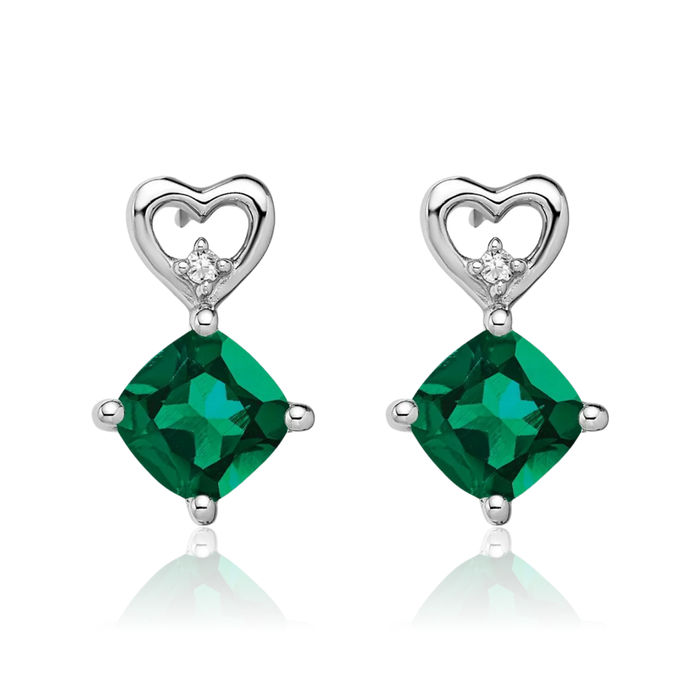 14K Solid White Gold Lab Green Emerald Diamond Heart Drop Dangle Earrings May Birthstone Jewelry