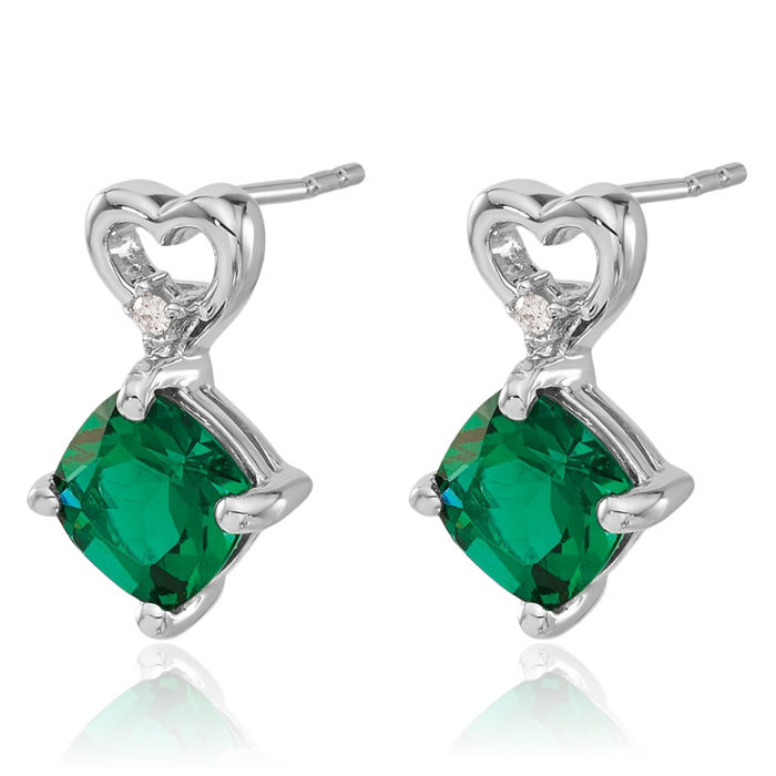 14K Solid White Gold Lab Green Emerald Diamond Heart Drop Dangle Earrings May Birthstone Jewelry