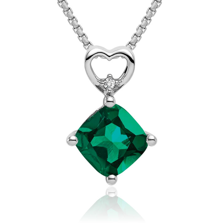 14K Solid White Gold Lab Green Emerald Diamond Heart Floating Chain Slide Gemstone Pendant Necklace Charm May Birthstone Jewelry