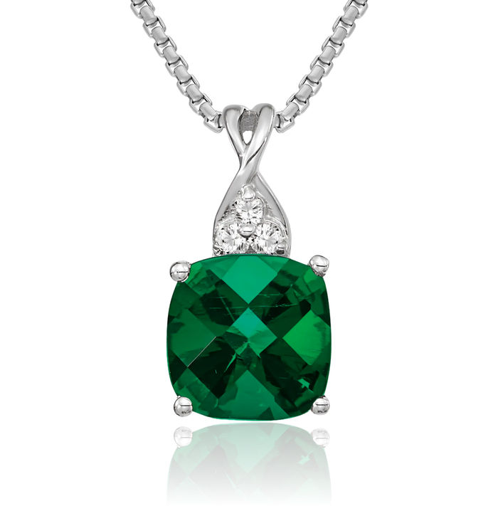 14K Solid White Gold Lab Green Emerald Diamond Necklace Gemstone Pendant Charm April May Birthstone Jewelry