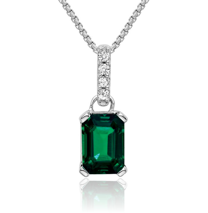 14K Solid White Gold Lab Green Emerald Diamond Necklace Gemstone Pendant Charm April May Birthstone Jewelry