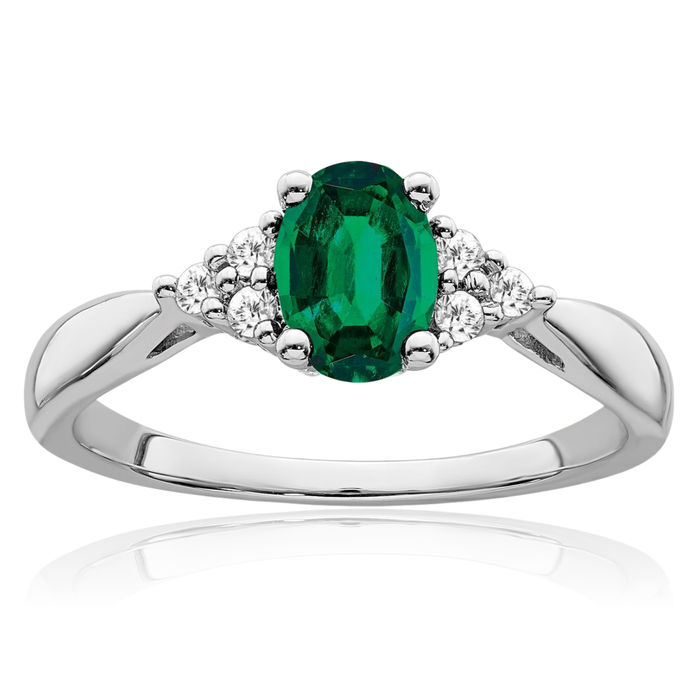 14K Solid White Gold Lab Green Emerald Diamond Ring May Birthstone Jewelry