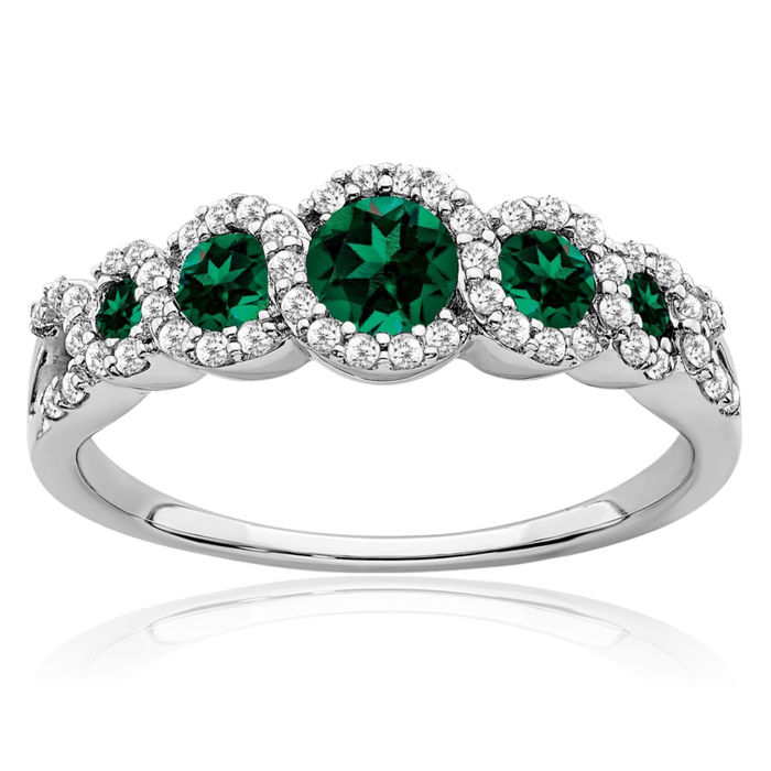 14K Solid White Gold Lab Green Emerald Diamond Ring May Birthstone Jewelry