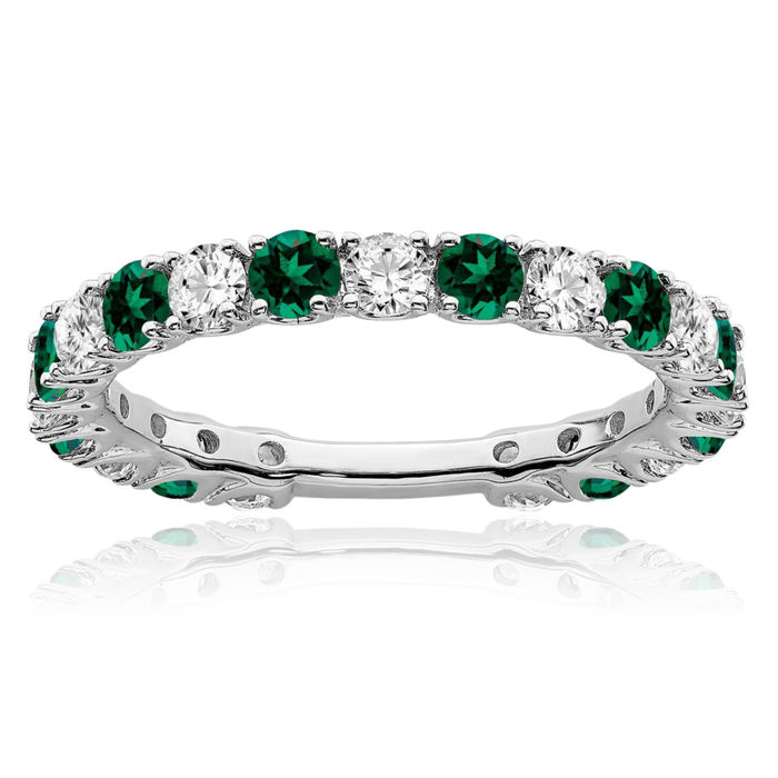 14K Solid White Gold Lab Green Emerald Diamond Ring May Birthstone Jewelry