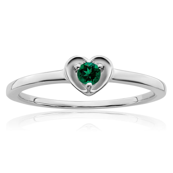 14K Solid White Gold Lab Green Emerald Heart Ring Love Band May Birthstone Jewelry