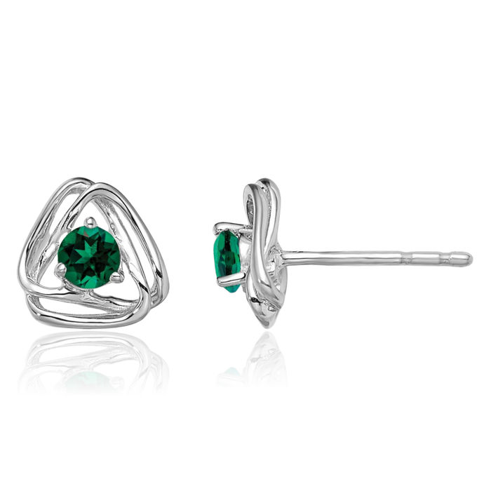 14K Solid White Gold Lab Green Emerald Stud Earrings May Birthstone Jewelry