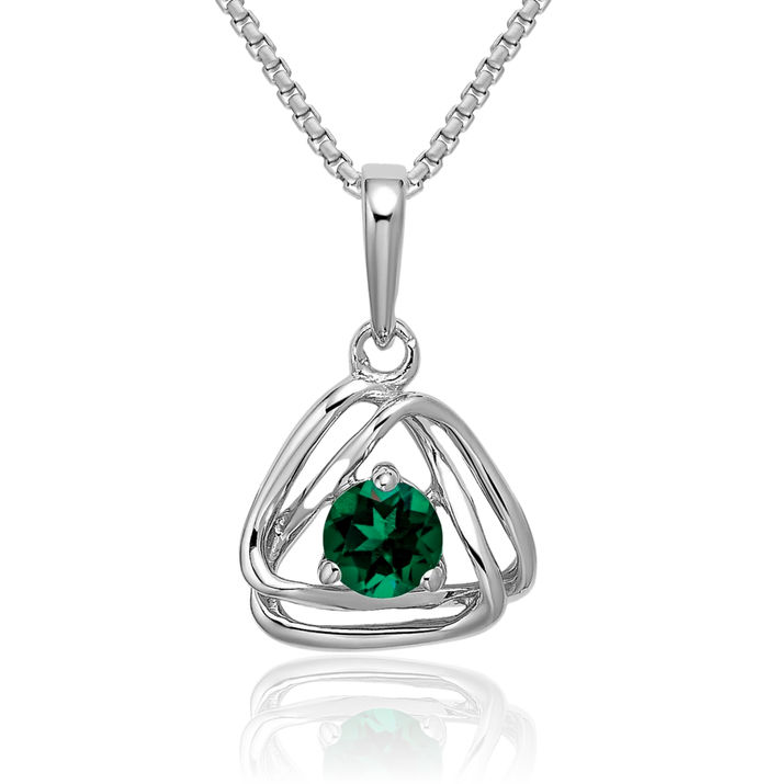 14K Solid White Gold Lab Green Emerald Triangle Geometric Necklace Charm Gemstone Pendant May Birthstone Jewelry