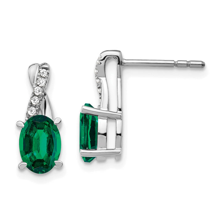 14K Solid White Gold Lab Green Emerald Diamond Drop Dangle Earrings Gemstone Post Push Back