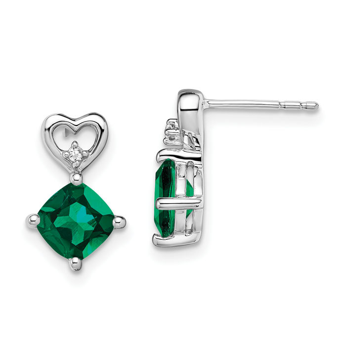 14K Solid White Gold Lab Green Emerald Diamond Heart Drop Dangle Earrings May Birthstone Jewelry