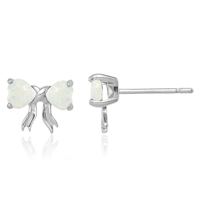 14K Solid White Gold Lab Opal Bow Heart Stud Earrings October Birthstone Jewelry