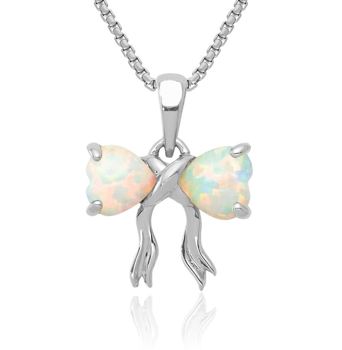 14K Solid White Gold Lab Opal Bow Necklace Heart Gemstone Pendant Charm October Birthstone Jewelry