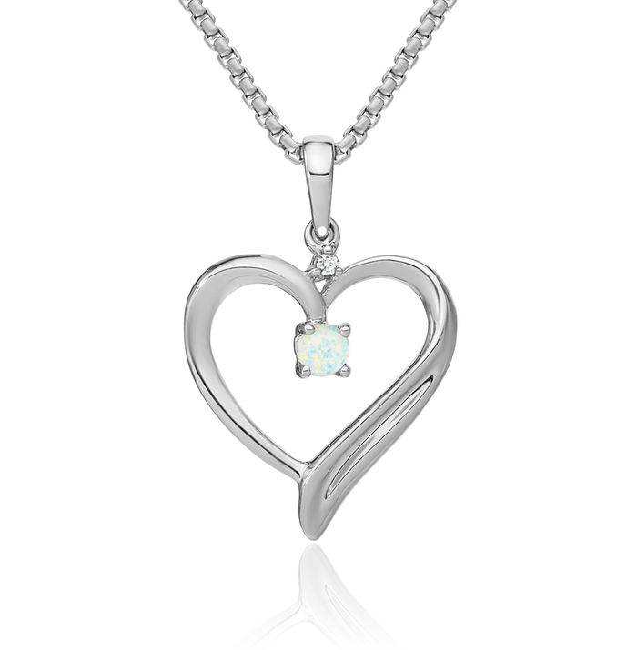 14K Solid White Gold Lab Opal Diamond Heart Necklace Charm Gemstone Pendant