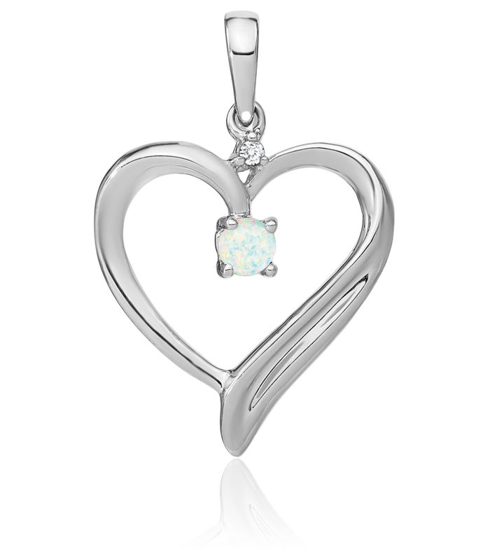 14K Solid White Gold Lab Opal Diamond Heart Necklace Charm Gemstone Pendant