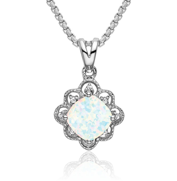 14K Solid White Gold Lab Opal Diamond Necklace Charm Gemstone Pendant