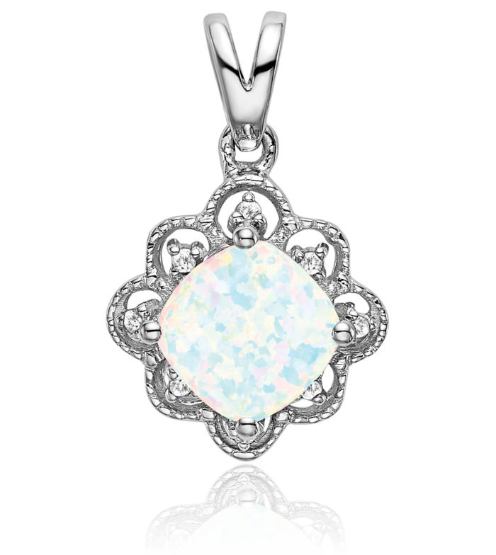 14K Solid White Gold Lab Opal Diamond Necklace Charm Gemstone Pendant