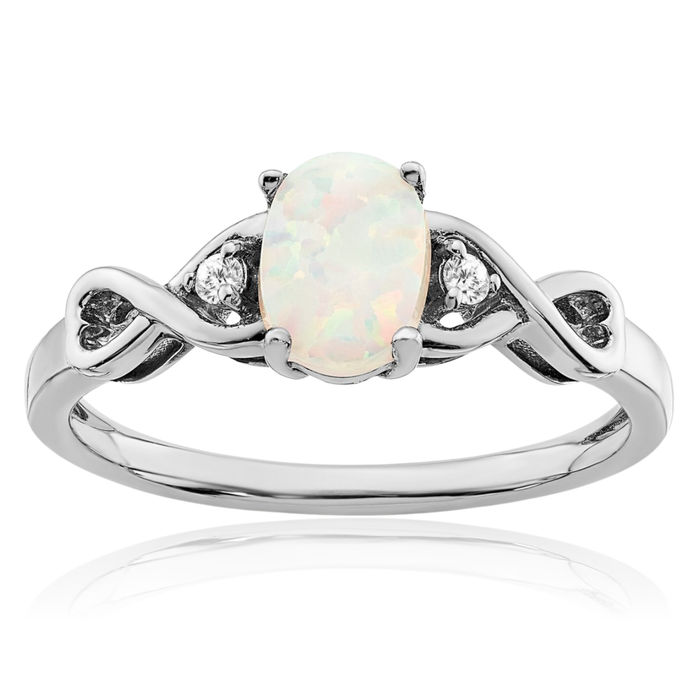 14K Solid White Gold Lab Opal Diamond Ring October Birthstone Jewelry