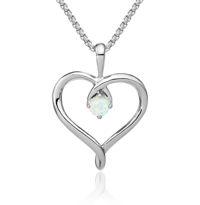 14K Solid White Gold Lab Opal Heart Necklace Charm Gemstone Pendant