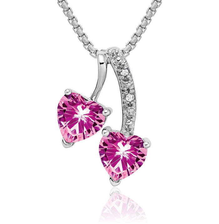 14K Solid White Gold Lab Pink Sapphire Diamond 2 Heart Necklace Charm Gemstone Pendant