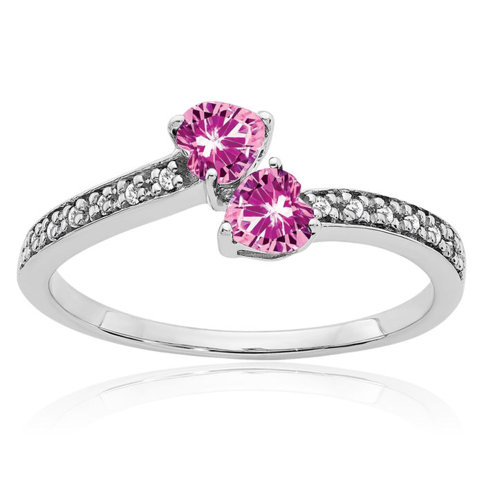 14K Solid White Gold Lab Pink Sapphire Diamond 2 Stone Heart Ring Love Band October Birthstone Jewelry