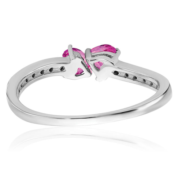 14K Solid White Gold Lab Pink Sapphire Diamond 2 Stone Heart Ring Love Band October Birthstone Jewelry