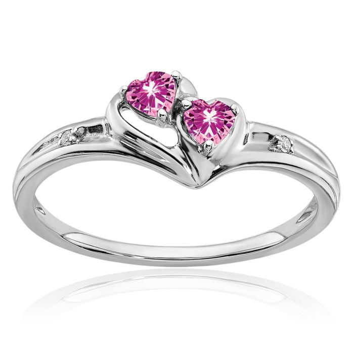 14K Solid White Gold Lab Pink Sapphire Diamond 2 Stone Heart Ring Love Band October Birthstone Jewelry