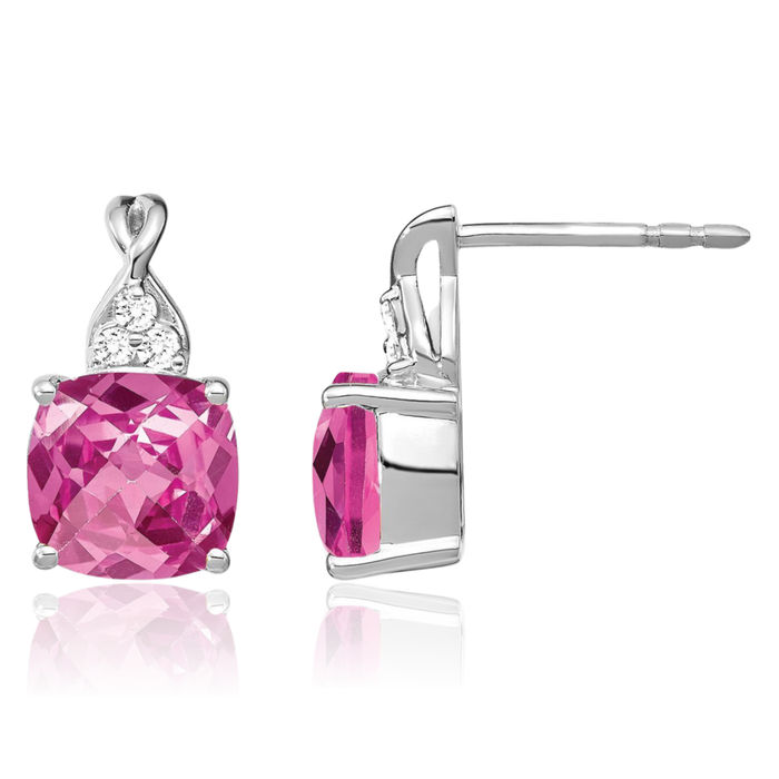 14K Solid White Gold Lab Pink Sapphire Diamond Drop Dangle Earrings Gemstone Post Push Back October Birthstone Jewelry