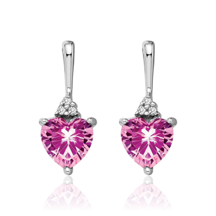 14K Solid White Gold Lab Pink Sapphire Diamond Heart Drop Dangle Earrings Gemstone Post Push Back October Birthstone Jewelry