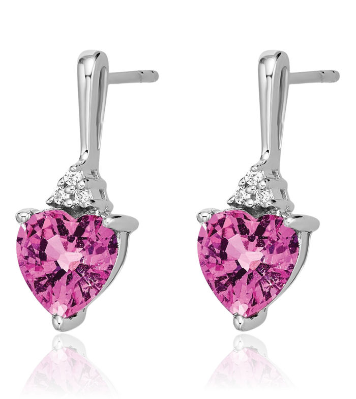 14K Solid White Gold Lab Pink Sapphire Diamond Heart Drop Dangle Earrings Gemstone Post Push Back October Birthstone Jewelry