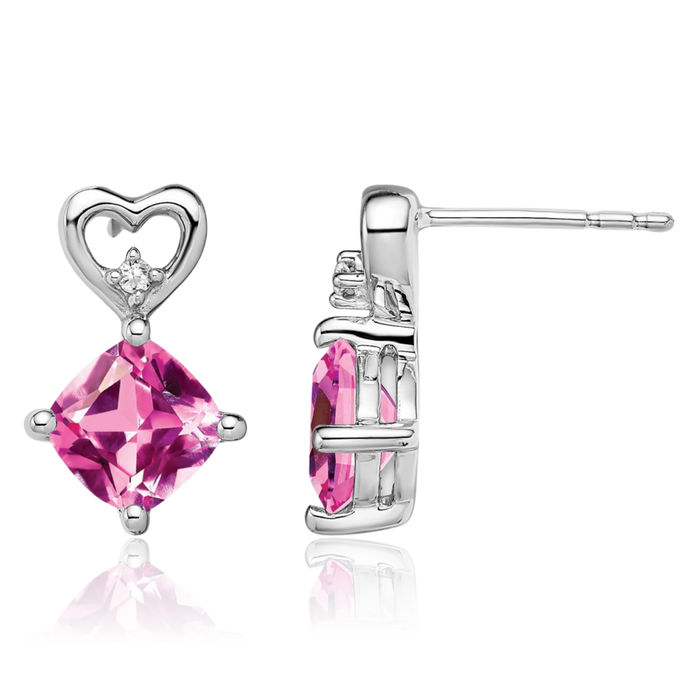 14K Solid White Gold Lab Pink Sapphire Diamond Heart Drop Dangle Earrings October Birthstone Jewelry