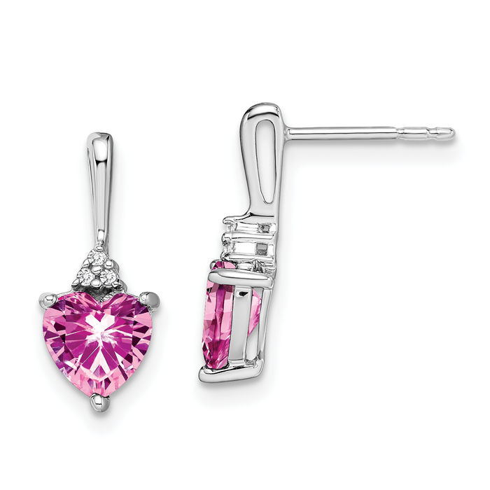 14K Solid White Gold Lab Pink Sapphire Diamond Heart Drop Dangle Earrings Gemstone Post Push Back October Birthstone Jewelry