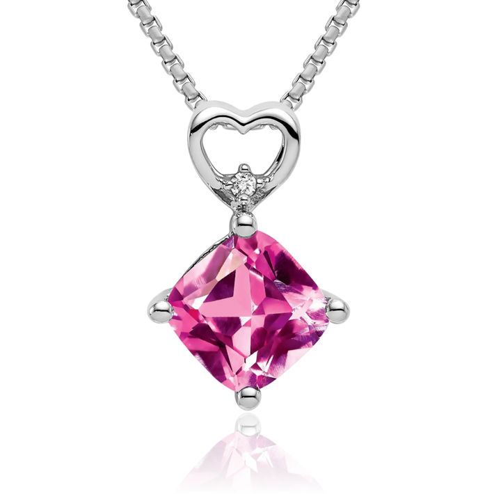 14K Solid White Gold Lab Pink Sapphire Diamond Heart Floating Chain Slide Gemstone Pendant Necklace Charm October Birthstone Jewelry