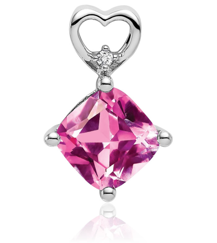 14K Solid White Gold Lab Pink Sapphire Diamond Heart Floating Chain Slide Gemstone Pendant Necklace Charm October Birthstone Jewelry