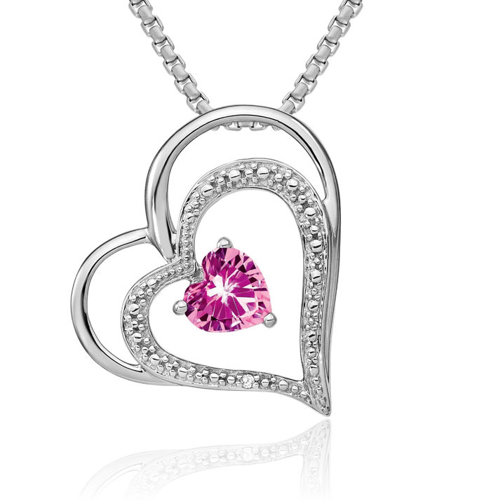 14K Solid White Gold Lab Pink Sapphire Diamond Heart Floating Chain Slide Gemstone Pendant Necklace Charm